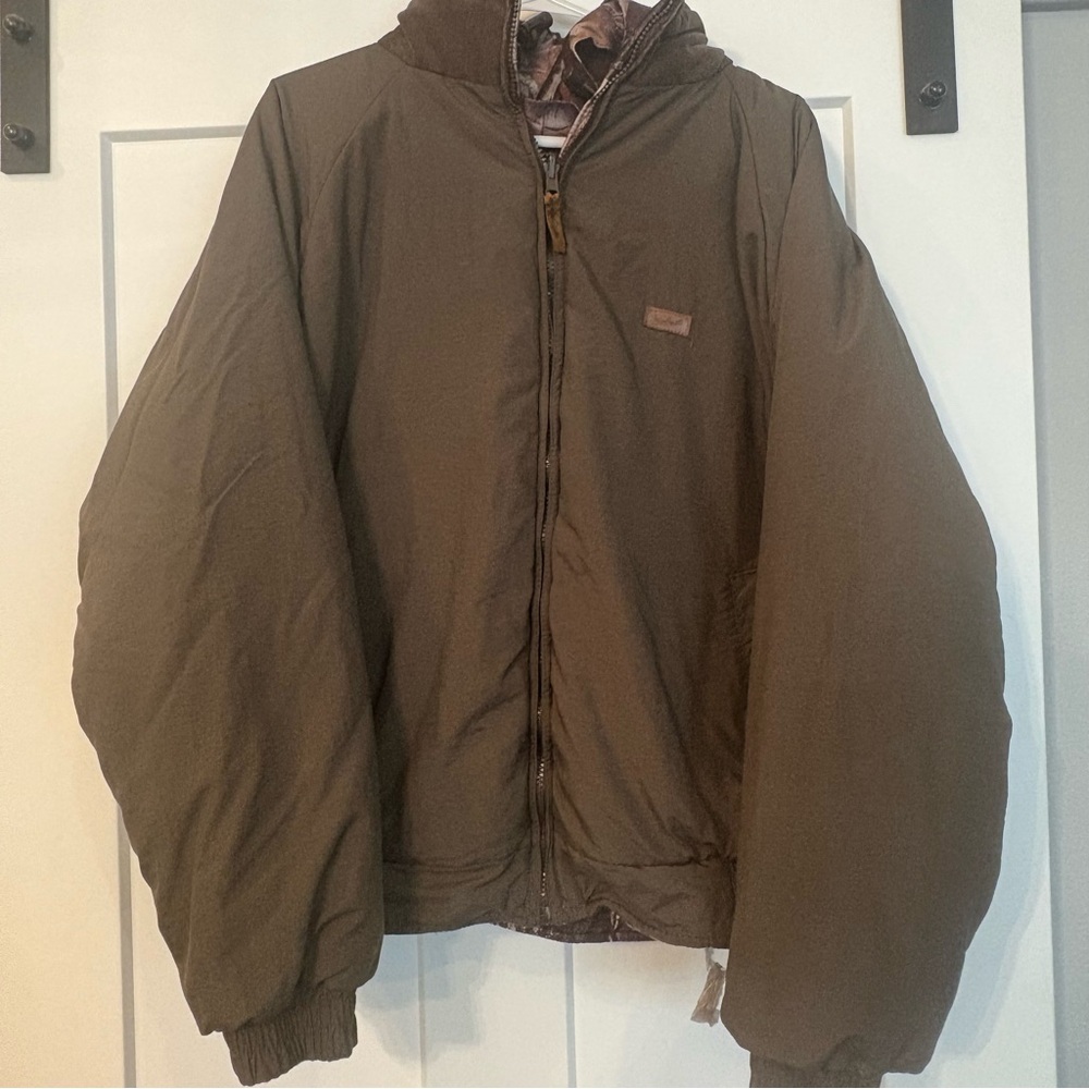 Vintage Woolrich Brown Camo Reversible Thermore Insulated Jacket Hooded